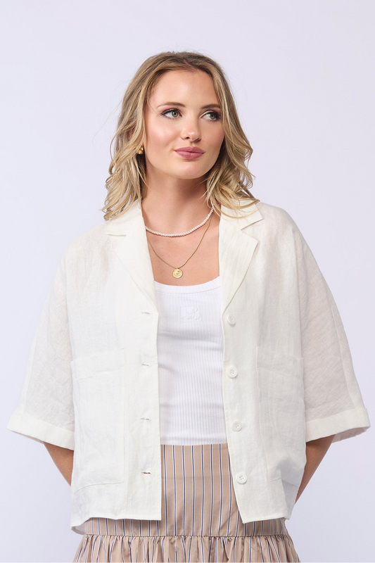 Drama the Label, women's clothing, New Zealand Brand, Drama, Shirt, Top, linen shirt, mocha, button front, boxy fit, elbow length, front pockets
