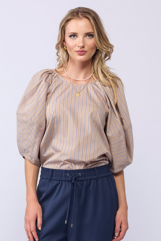 Drama the Label, women's clothing, Ladies clothing, New Zealand Brand, Drama, Blouse, Top, Compass Top, Stripe,  Short Puff Sleeve, Rayon Tencel Nylon Mix, crew neckline, light weight, easy to wear,  Tan/Navy Stripe