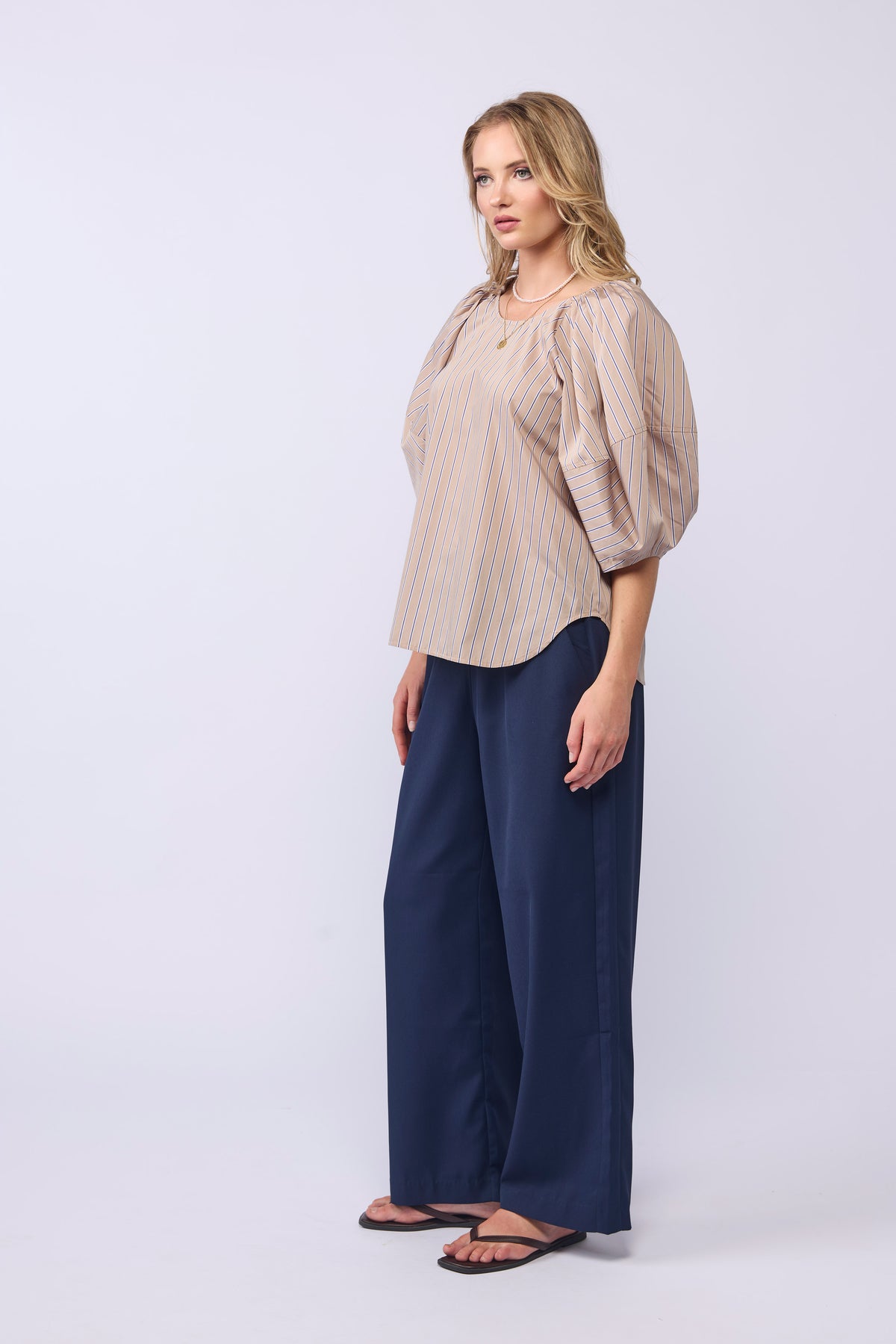 COMPASS BLOUSE - TAN/NAVY STRIPE