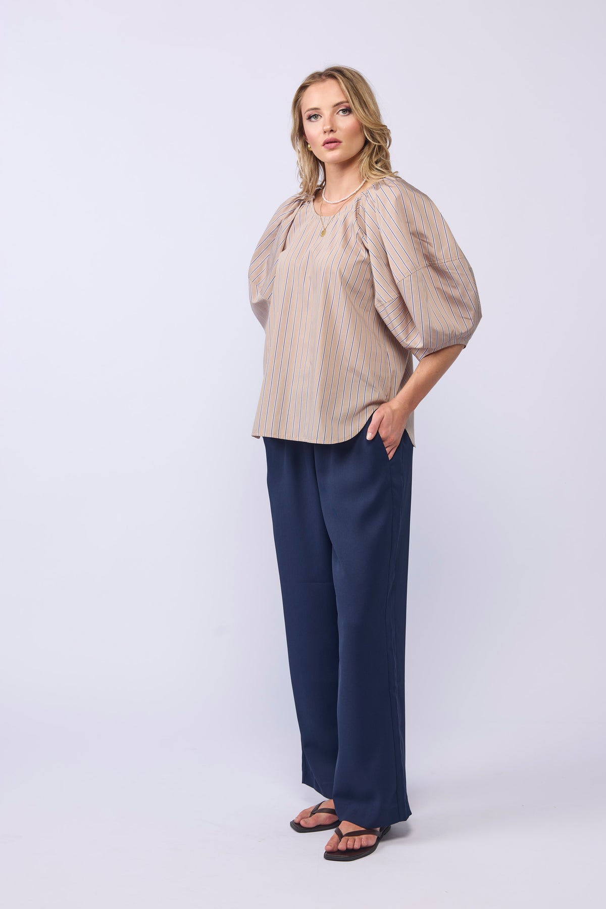 COMPASS BLOUSE - TAN/NAVY STRIPE