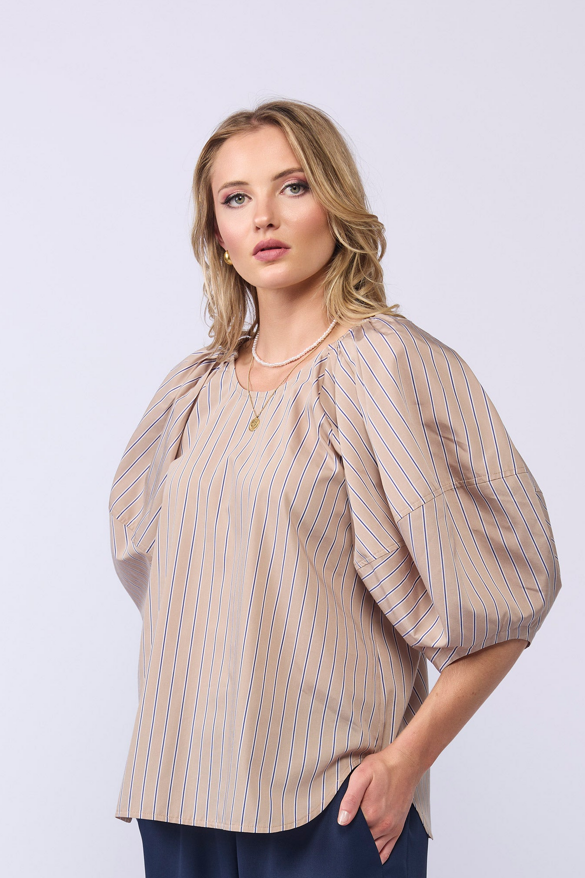 COMPASS BLOUSE - TAN/NAVY STRIPE