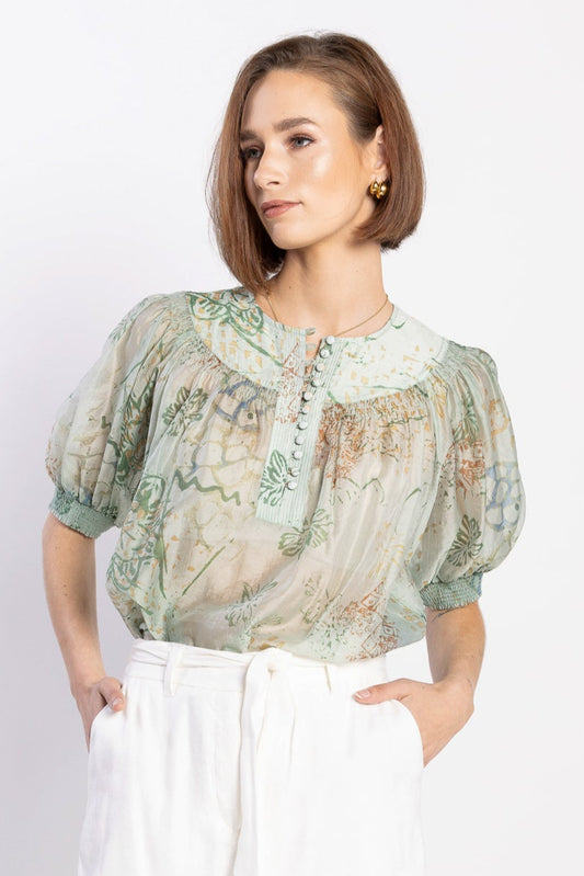 1261L - Madrid Blouse - Green Aztec