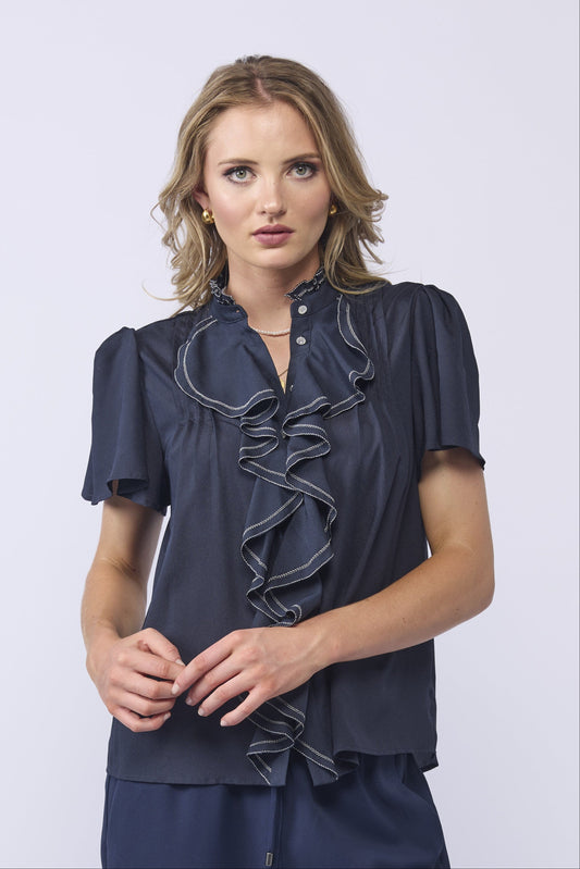 Drama the Label, women's clothing, Ladies clothing, New Zealand Brand, Drama, Blouse, Top, Cassie Blouse, Ink, Ink with white topstitch detail, ruffle detail, short sleeve, 100% polyester Blouse, button front.