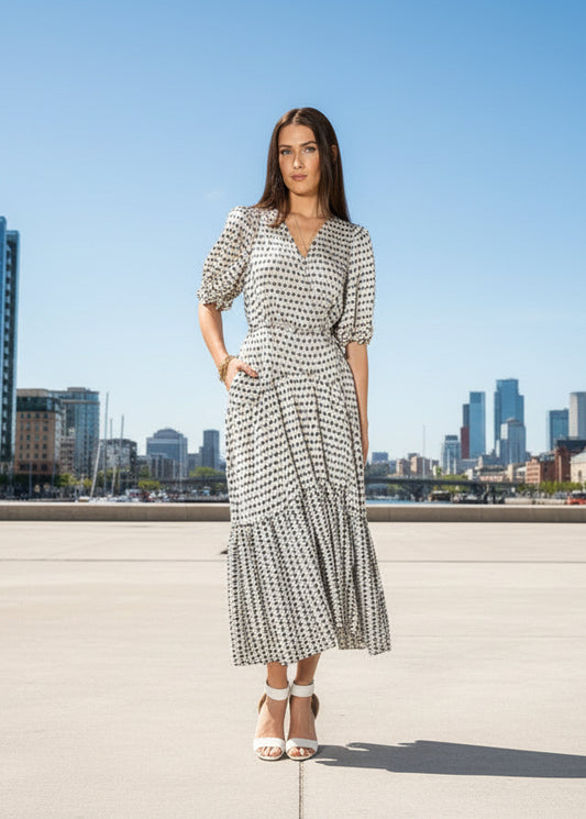 2149 - Macey Dress - Black/White Geo Print - Last one size 10