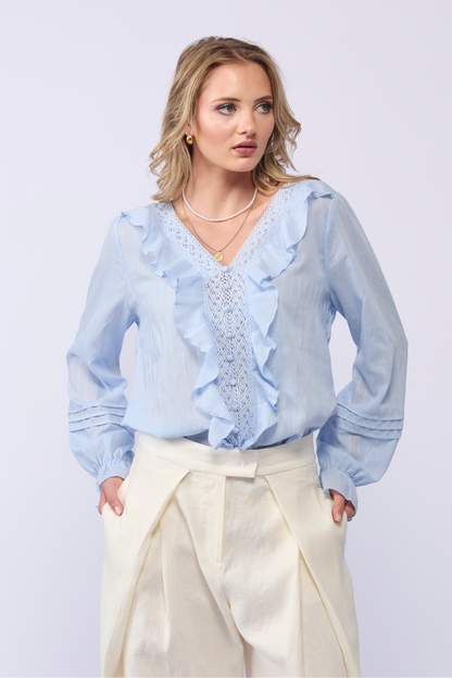 Drama the Label, women's clothing, New Zealand Brand, Drama, Blouse, Top, Cotton Blouse, long sleeves, lace detail, ruffle front, V-neck, Amelia Top , breathable fabric, light weight, Blue, Soft Blue