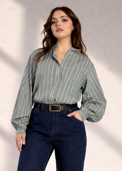8043 - Fray Shirt - Green Stripe
