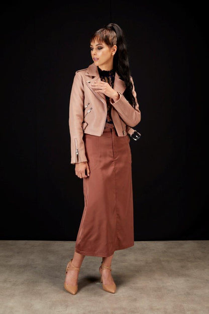 5034 - Maggie Cropped Leather Biker Jacket - Dusky Pink