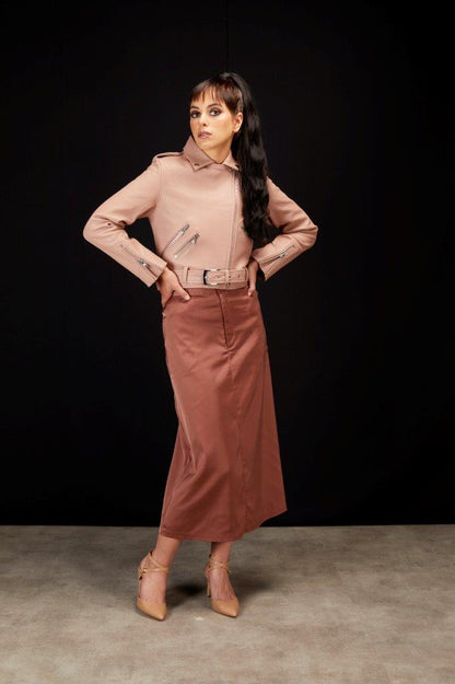 5034 - Maggie Cropped Leather Biker Jacket - Dusky Pink
