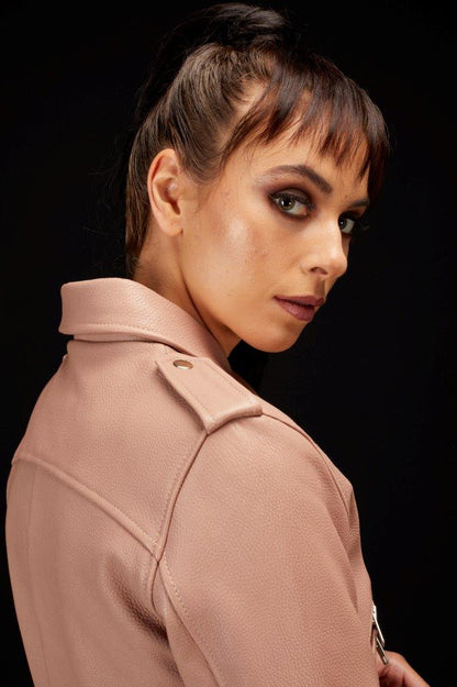 5034 - Maggie Cropped Leather Biker Jacket - Dusky Pink