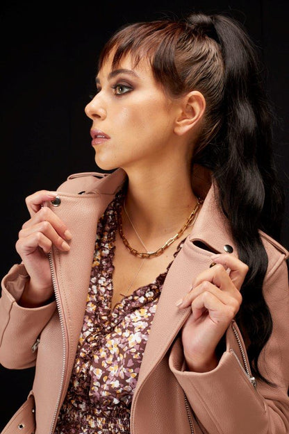 5034 - Maggie Cropped Leather Biker Jacket - Dusky Pink