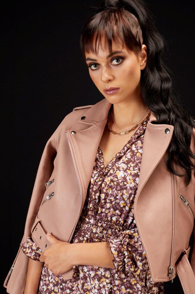 5034 - Maggie Cropped Leather Biker Jacket - Dusky Pink