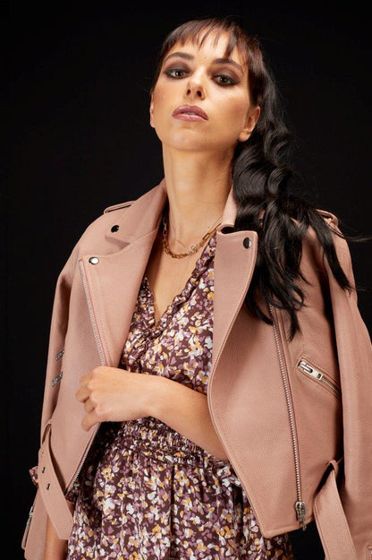 5034 - Maggie Cropped Leather Biker Jacket - Dusky Pink