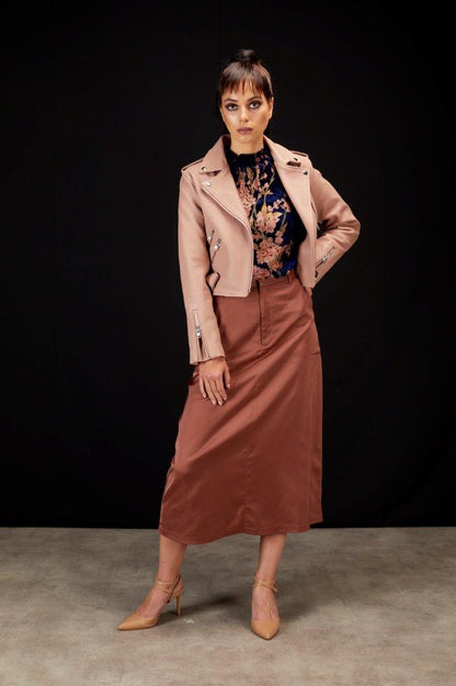5034 - Maggie Cropped Leather Biker Jacket - Dusky Pink